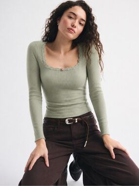 Planet Heart Juniors Ribbed Lace Trim Long Sleeve Top